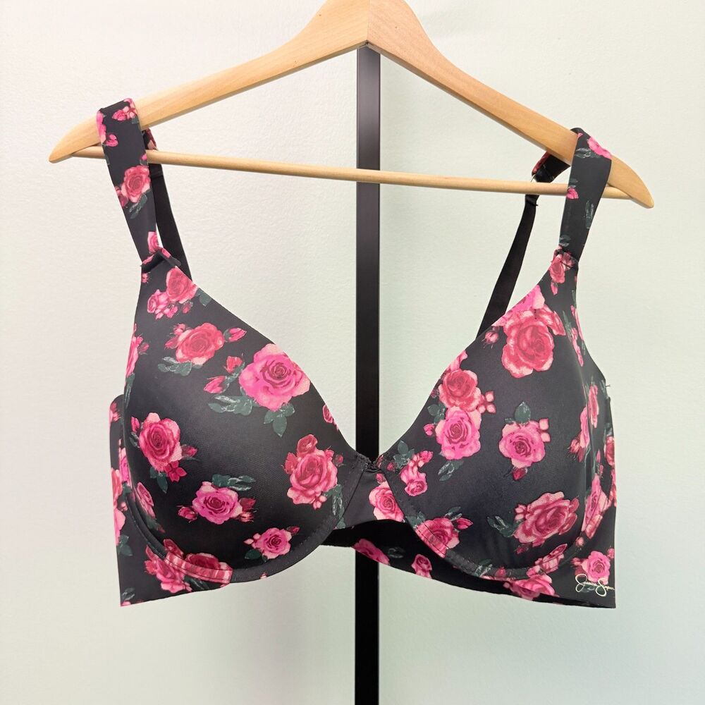 Jessica Simpson Floral T-Shirt Bra 42D Black Pink Roses Underwire Molded Cups